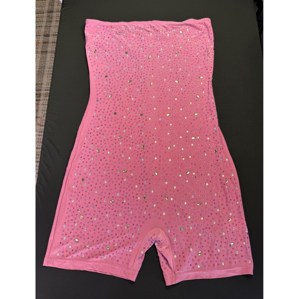 Touch Me Pink Rhinestone Romper XL Strapless Bodycon Mesh Jumpsuit Club Festival